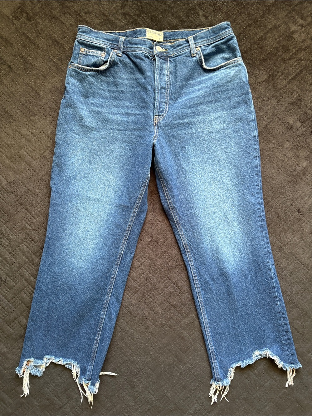 We The Free Maggie High-Rise Blue Denim Jeans with Frayed Ankle